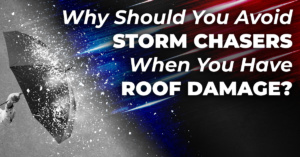 umbrella with rain and hail falling on it and the caption Why Should You Avoid Storm Chasers When You Have Roof Damage?