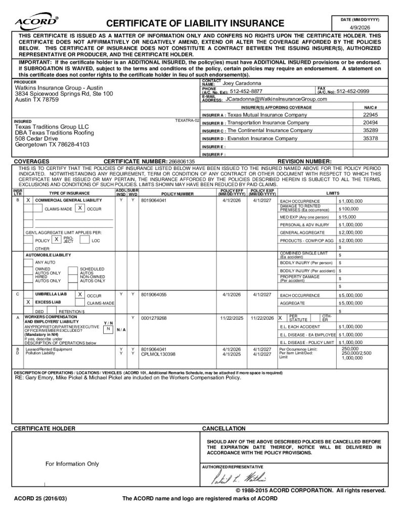 Certificate of Liability Insurance 2026-2027